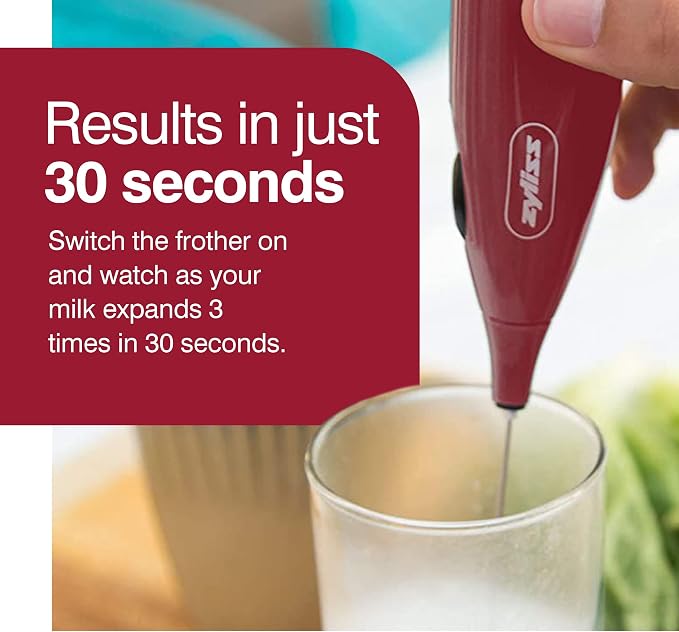 Zyliss Handheld Electric Milk Frother Wand - Versatile Drink Mixer - Frother for Coffee, Cappuccinos, Lattes or Shakes for Perfect Foam, Hot or Cold - Red