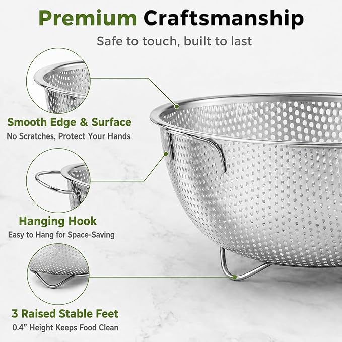 TeamFar Colander Set of 3, Stainless Steel Perforated Colander Strainer | Metal Food Strainer for Draining/Washing/Rinsing Pasta Vegetables Fruits, Healthy, Sturdy & Dishwasher Safe - 1/3/5 Quart