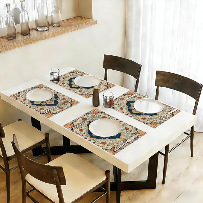 Vintage Boho Placemats, Deep Navy Blue Orange Flowers Bohemia Table Mats | Washable Heat Resistant Linen Fabric Place Mats for Kitchen Home Party Dining Decoration, Christmas Festiva Decoration