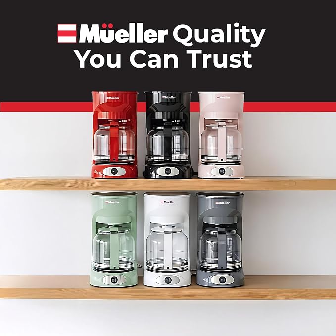 MUELLER HOME 12-Cup Pink Coffee Maker | Borosilicate Carafe, Auto-Off, Reusable Filter, Anti-Drip, Keep-Warm Function