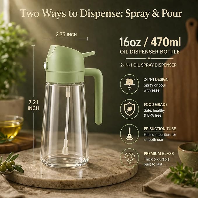 Oil Sprayer for Cooking, 16oz/470ml 2-in-1 Glass Olive Oil Dispenser