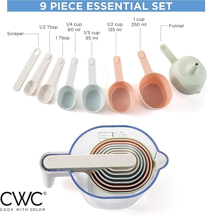 COOK WITH COLOR Measuring Cup Set - 9 PC. Nesting Stackable Liquid Measure Cup, Dry Measuring Cups and Spoons with Funnel and Scraper (Pastel)