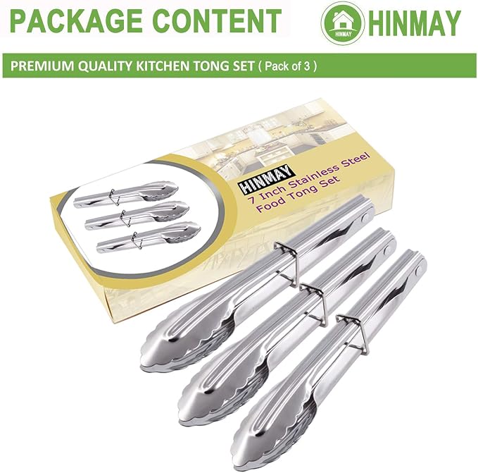 HINMAY 7-Inch Small Stainless Steel Serving Tongs, Set of 3 (Silver) | 7-Inch Mini Metal Salad Tongs