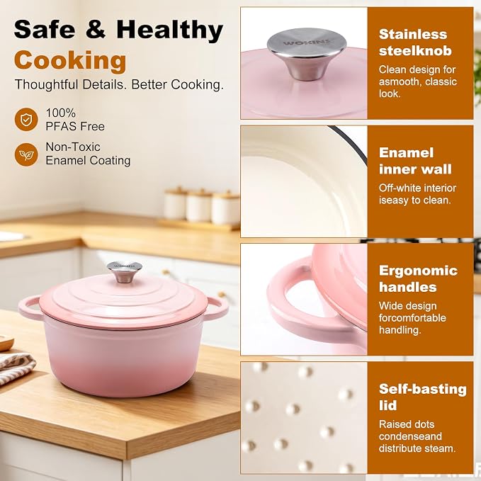 7-QT Enameled Cast Iron Round Dutch Oven With Lid,Oven safe,Pink | Large enameled cast iron Dutch oven,Retains moisture,PFAS-free,500°F,sourdough,braising/stews/roasting,Housewarming Gift