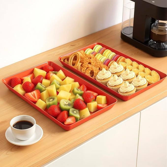 WOWBOX 4 pcs Serving Tray for Entertaining, Serving Platters for Snacks, Fruit, Cookies, Dessert, Reusable Plastic Trays for Serving Food, (White, Black, Green, Red)