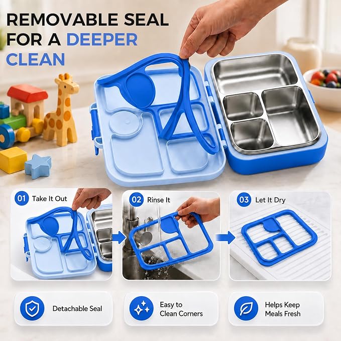 Kids Stainless Steel Bento Lunch Box, 4 Compartments | Leak-Resistant 4 Cups Lunch Container for Ages 4+ with Easy-Open Latch, Removable Seal & Meal Feedback Icon