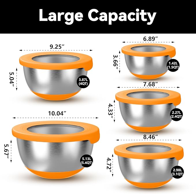 KITEISCAT Stainless Steel Mixing Bowls with Lids – Set of 5 Large Nesting Metal Bowls for Kitchen, Baking, Cooking, Food Prep & Storage, Non-Slip Base, Dishwasher Safe,Orange