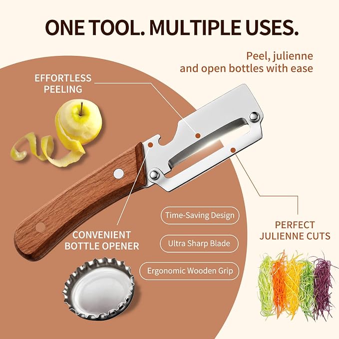 Multi-Functional Vegetable Peeler for Kitchen, Ultra-Sharp Stainless Steel Blade with Wooden Handle and Bottle Opener,2-in-1 Stainless Steel Kitchen Tool for Fruit Apple Potato Pumpkin Papaya