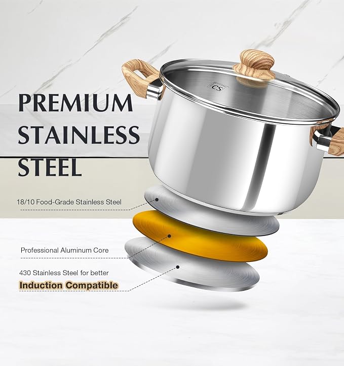 KOCH SYSTEME CS Stainless Steel Stock Pot with Lid, 6 Quart 18/10 Food Grade Soup Pot, Pasta Pot, Tri-Ply Base Cooking Pot for Induction Gas Electric Stoves, Dishwasher Safe Stockpot for Daily Cooking