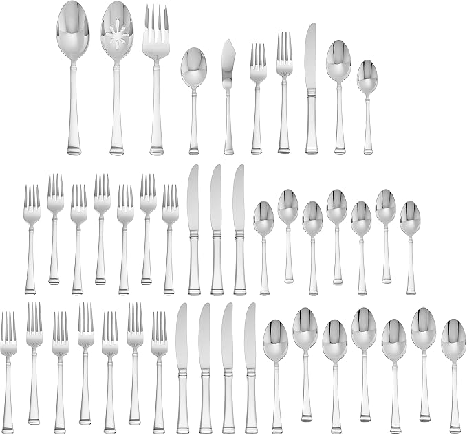 Mikasa Harmony 45-Piece Silverware Set, 18/10 Stainless Steel Cutlery for 8, Includes Forks, Knives, Spoons, and 5-Piece Serving Utensils Set (Pack of 2)