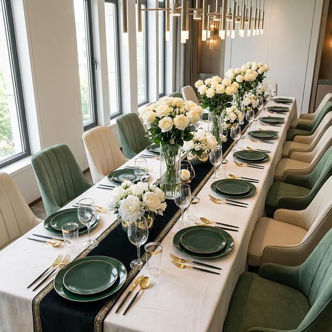 DaYammi 150Pcs Green Plastic Plates with Gold Rim,Gold and Green Disposable Plates with Cutlery Included 30 Dinner Plate,30 Dessert Plate,30 Knives,30 Forks,30 Spoon, green plates for Party Dinner