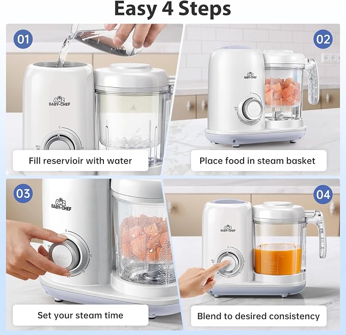 AMZBABYCHEF Baby Food Maker, 4 in 1 Baby Food Processor and Steamer, Puree Blender, Multifunctional Baby Puree Maker, Dishwasher Safe (White)