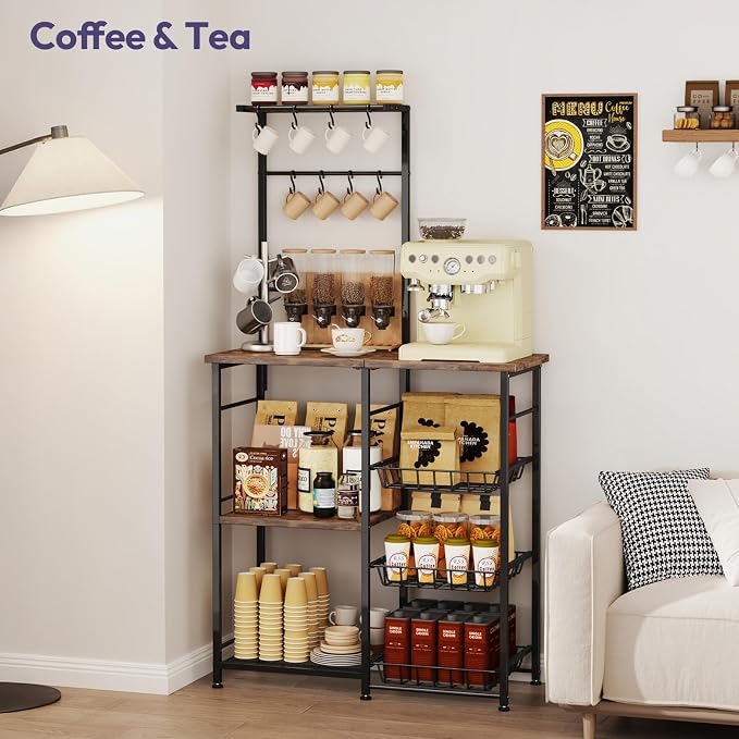 SWTYMIKI Bakers Rack with Storage - Coffee Bar Cabinet with Shelves, Coffee Station Organizer and Kitchen Stand with 8 Hooks, Baskets, Adjustable Feet for Kitchen Dining Room Pantry, Espresso