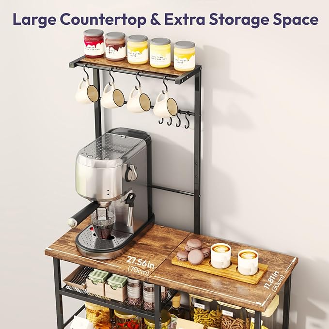 SWTYMIKI Bakers Rack with Storage - Coffee Bar Cabinet Organizer with 8 Hooks, Shelves & Cabinet Door, Coffee Station for Kitchen Dining Room, Microwave Stand with Adjustable Feet, Espresso