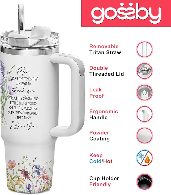 Gossby Best Mom Ever Tumbler, 30oz Stainless Steel with Handle and Straw | Birthday Gifts for Mom, Floral Watercolor Design, Mom Cup with Straw, Insulated Travel Mug for Women, Gift for Mama