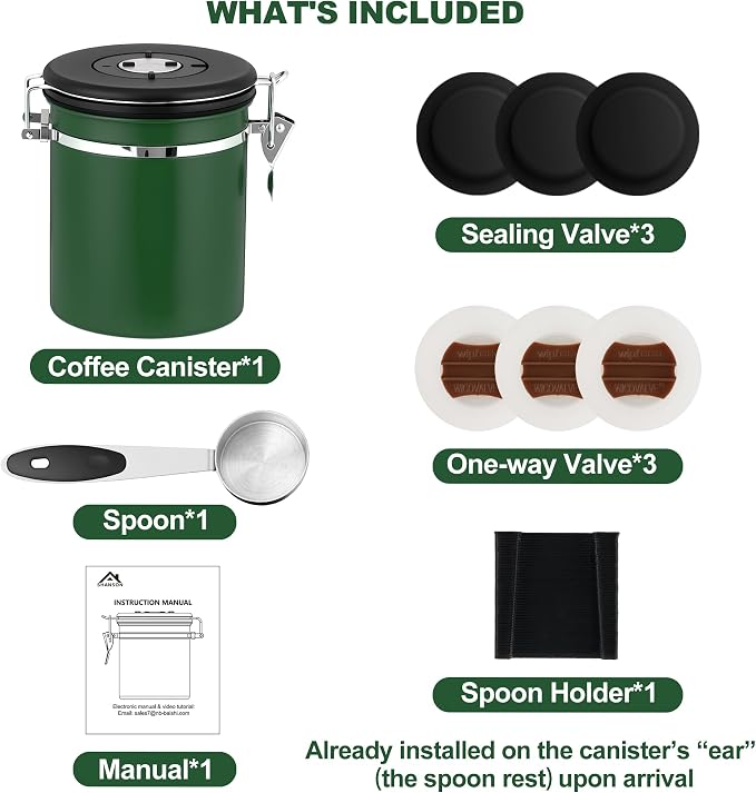 ShanSon Coffee Canister Airtight, Stainless Steel Bean Storage Container with Date Tracker & Scoop, Grounds Sugar Flour Tea Cereal Fits Kitchen Pantry, Ideal Gift for Coffee Lovers,22oz, Dark Green