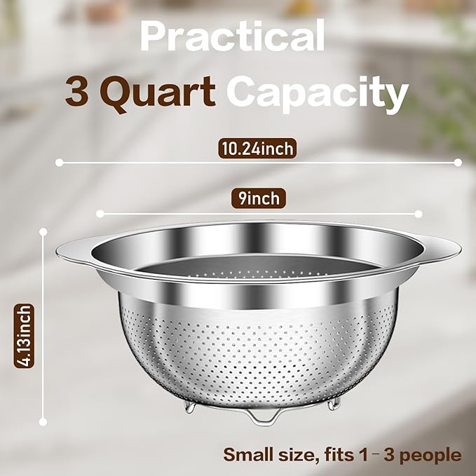 Colander, Stainless Steel Colander for Kitchen, Stainless Steel Strainer, Pasta Strainer for Spaghetti Fruits Vegetables Cooking Food, Kitchen Food Strainer - 3 QT