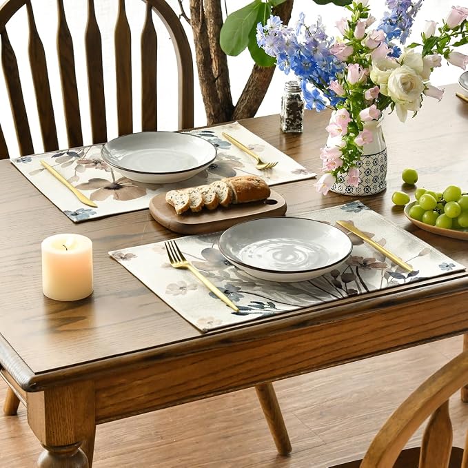 Artoid Mode Brown Poppy Floral Leaves Placemats Set of 6, 12x18 Inch Seasonal Summer Table Mats for Party Kitchen Dining Decoration