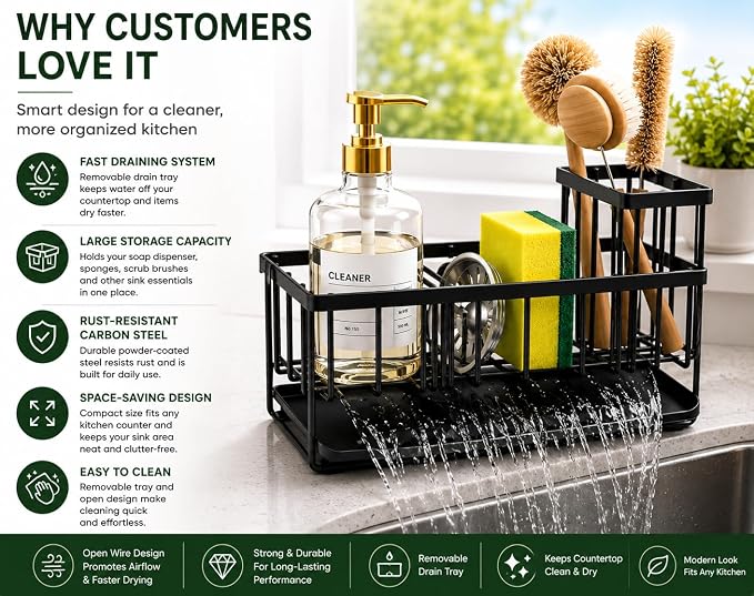 Kitchen Sink Caddy Organizer with Removable with Drain Tray, Rustproof Sponge Holder for Kitchen Counter, Carbon Steel Sink Organizer for Soap Dispenser, Sponge, Scrub Brush & Cleaning Accesories