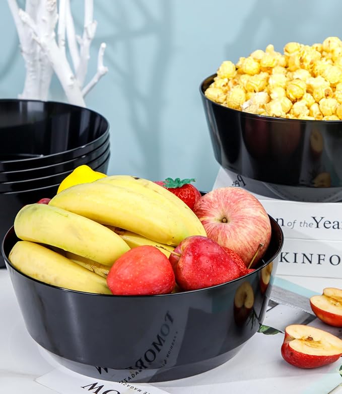 8 Pack Black Serving Bowls for Wedding | 128oz Heavy Duty Disposable Plastic Bowls, Perfect for Party Snack, Salad, Candy & Bar Buffet