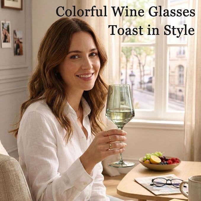 comfit Colored Wine Glasses Set of 6-15 oz Hand-blown Lead-free Crystal Colorful Wine Glasses- Birthday Wedding Housewarming Valentine's Day Gifts for Wine Lovers Women, Mom, Wife, Friend