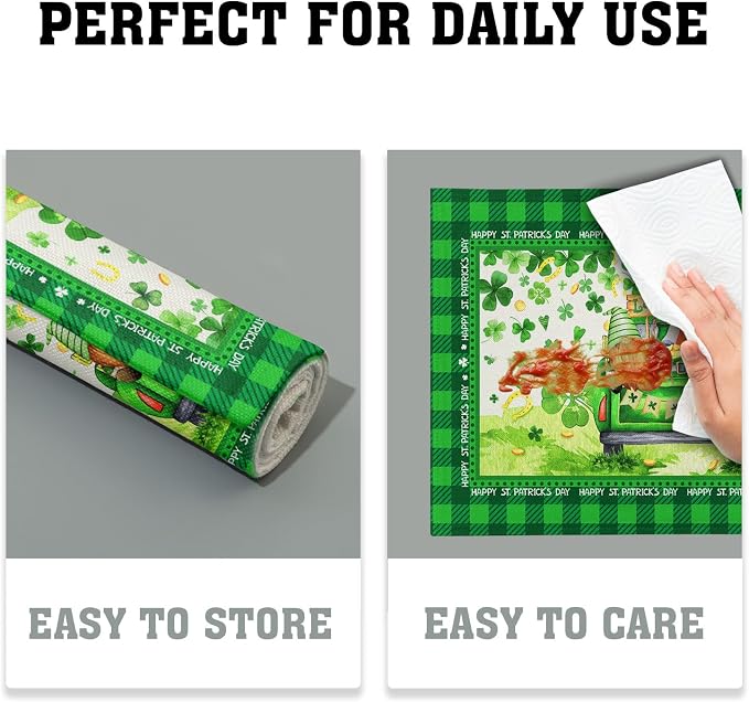 St. Patrick's Day Placemats 12x18 Inch Gnomes Truck Shamrock Clover Gold Coin Heat Resistant Table Mats Set of 4 Green Buffalo Plaid Washable Place Mats for Home Kitchen Dining Holiday Party