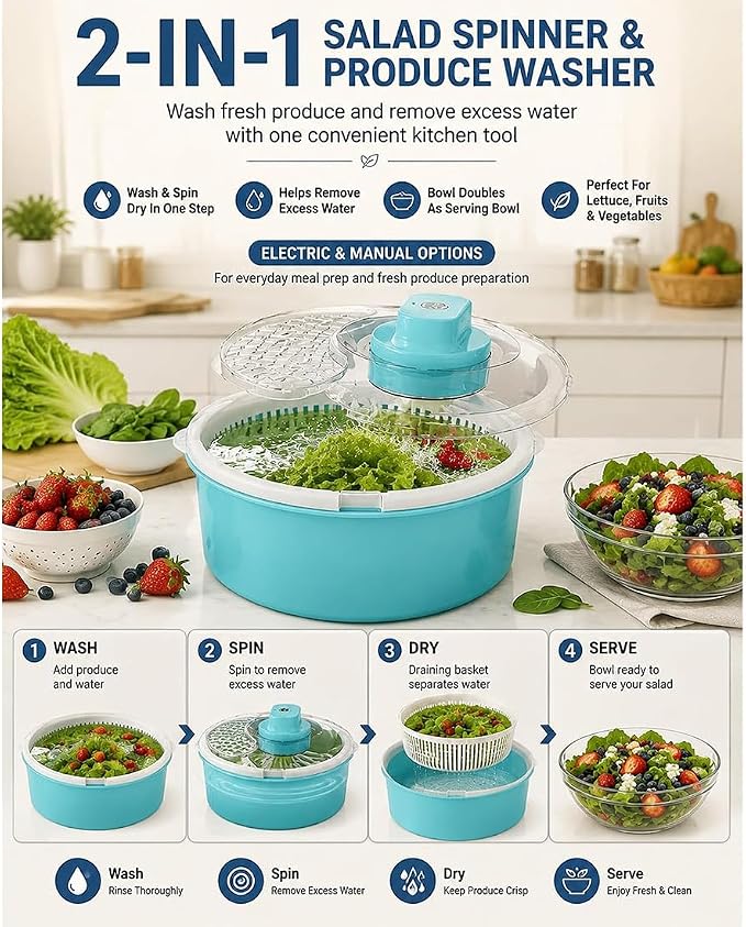Automatic Fruit and Vegetable Spinner & Strainer - Fruit Washer and Lettuce Spinner with Drain Basket, Salad Spinner for Lettuce, Greens, Produce & Kitchen Meal Prep，Blue