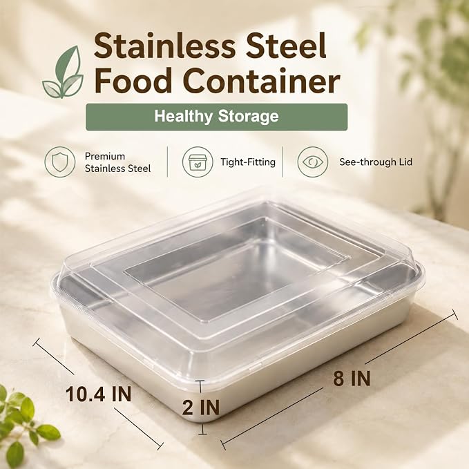 E-far Stainless Steel Baking Pan with Lid, 10.4 x 8 x 2 Inch for Cake | Toaster Oven Rectangle Sheet Cake Pans with Cover for Brownies Casseroles, Non-toxic & Heavy Duty, Dishwasher Safe - Set of 2