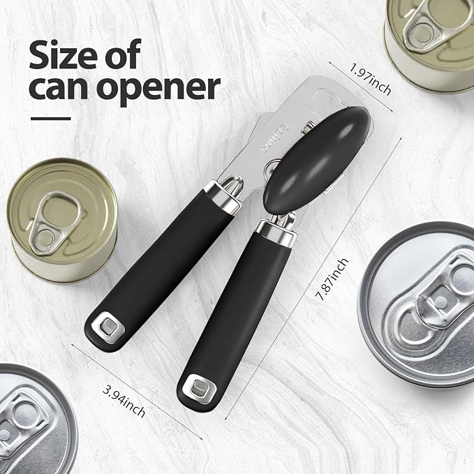 Safring Can Opener Manual, Heavy Duty Stainless Steel Smooth Edge Can Openers With Soft Touch Handle, Oversized Handheld Easy Turn Knob, Multi-Function Bottle Opener, Black