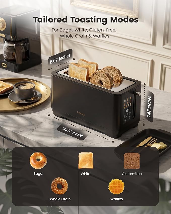 4 Slice Toaster, Long Slot Touch Screen Retro Toaster with Digital Countdown, Extra-Wide Slots for Bagels & Artisan Bread, 6 Browning Levels, 5 Bread Modes, Defrost Reheat Cancel, Stainless Steel