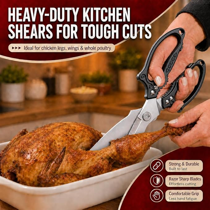 Black Heavy Duty Kitchen Shears, Stainless Steel Multipurpose Food Scissors for Chicken, Meat, Poultry & Vegetables, Sharp Kitchen Scissors for Daily Cooking