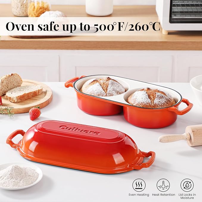 Cast Iron Bread Pan with Lid, Mini Enamel Sourdough Baking Dutch Oven Pot, Double Round Loaf Space for Homemade, Bread, Cake, Meatloaf, 16.5cm Diameter, 500°F Oven Safe, Non Stick, Orange