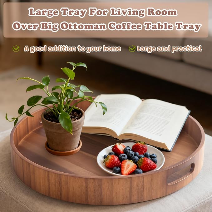 20 Inch Ottoman Coffee Table Tray with Handles, Large Round Wooden Serving Tray, Big Decorative Kitchen Organizer Giant Sofa Storage Trays Huge Counter Serveware