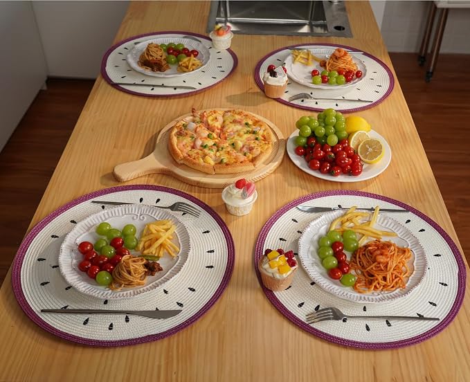 Zupro Round Placemats Set of 6,15inch Fruit Embroidered Table Mats Heat Resistant Non-Slip Washable,for Kitchen Dining Tables Four Seasons Dinner Parties Thanksgiving and Everyday Use.Pitaya White