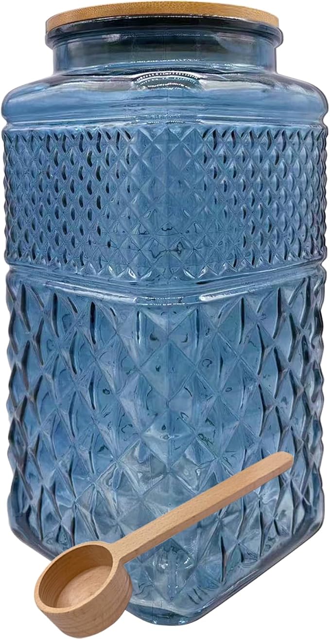 Coriario 1 Gallon Vintage Glass Jar with Lid Wood Spoon Blue Square Glass Storage Canisters Wide Mouth Jars for Food Candy Flour Sugar Cookie Coffee Nuts Decorative