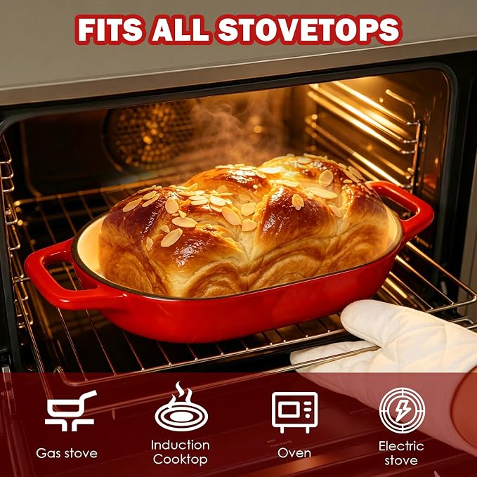 Wdmiya Dutch Oven for Sourdough Bread Baking, Shallow Base & Dome Lid 5 QT | Enameled Cast Iron Bread Baker for Batards & Boules, Easy-Clean Enamel, 500°F Oven Safe, Red, 11.5" x 7.8"