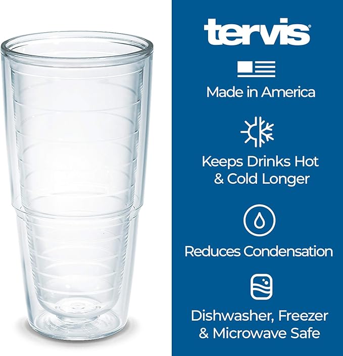 Tervis Clear & Colorful Tabletop Made in USA Double Walled Insulated Tumbler Travel Cup Keeps Drinks Cold & Hot, 24oz, Clear