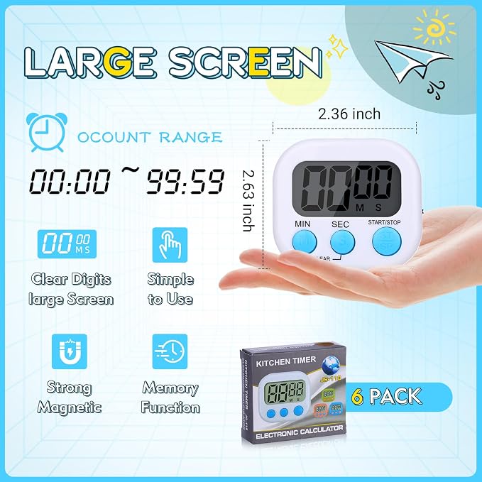 Mwellewm 6 Packs Digital Timers for Classroom Kitchen Timer Small Magnetic Countdown Stopwatch for Cooking Mini Loud Alarm Stop for Kitchen Study Work Baking Sports Games Office Timer Clock
