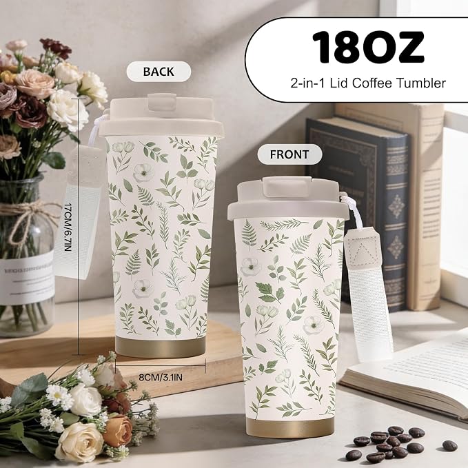 Plant Print Stainless Steel 2-in-1 Lid Coffee Tumbler 18 oz Garden Floral Insulated Travel Coffee Mug Plant Lovers Water Bottle for Women Men