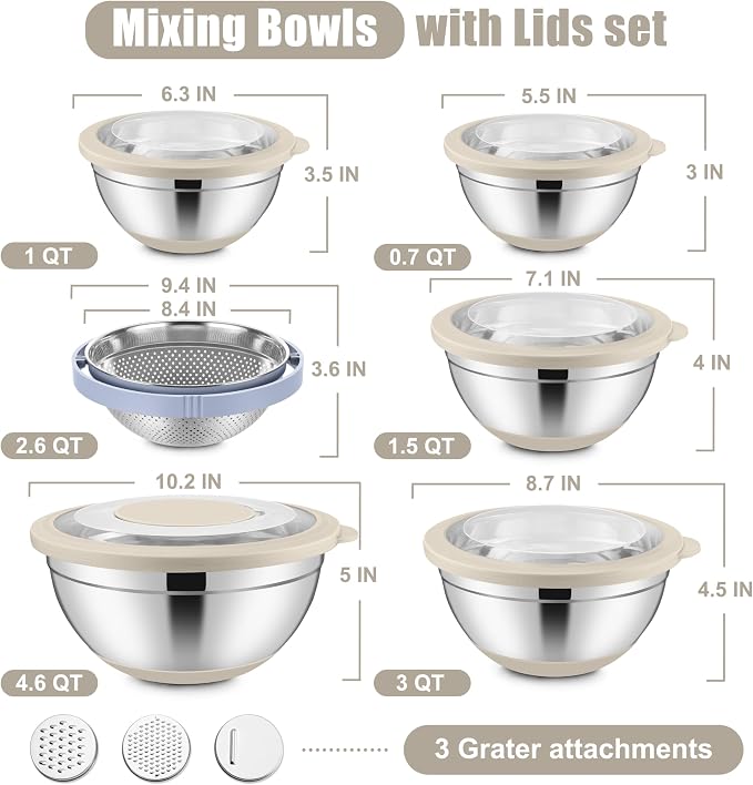 E-far Stainless Steel Mixing Bowls with Lids & Colander, 15PCS | Nesting Mixing Bowl with Non-Slip Bottom & 3 Metal Grater, For Kitchen Prep Baking Storage, 4.6, 3, 1.5, 1, 0.7QT, Khaki