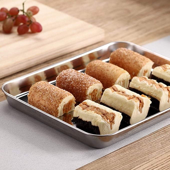 Baking Sheets 2 Pieces, Bastwe Stainless Steel Baking Pan Tray Cookie Sheet, Rectangle Size 9 X 7 X 1 inch, Healthy & Non Toxic, Rust Free & Mirror Finish, Easy Clean & Dishwasher Safe