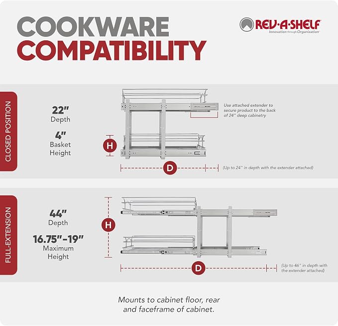 Rev-A-Shelf Pullout Organizer for Cabinets, Min Opening Width of 18" | STwo-Tier Steel Shelf for Kitchen or Vanity Cabinet Organization, Heavy Gauge Wire Slide Out Storage Basket, 5WB2-1822CR-1