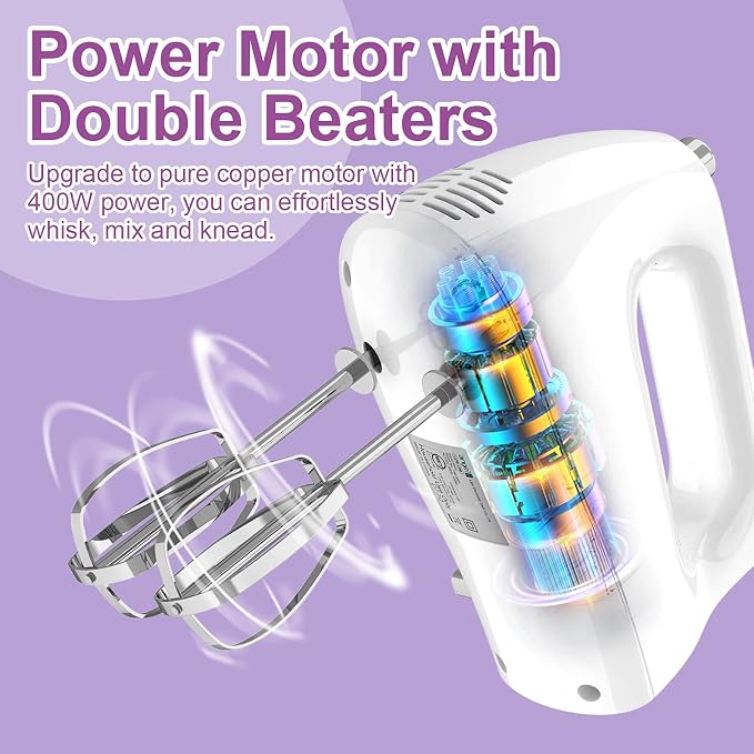 Hand Mixer, 400W Portable Kitchen Handheld Mixer with Eject Button, 5 Speed & 5 Stainless Steel Accessories, Egg Beaters and Whisk for Easy Whipping Cake, Cream, Batters, Cookies