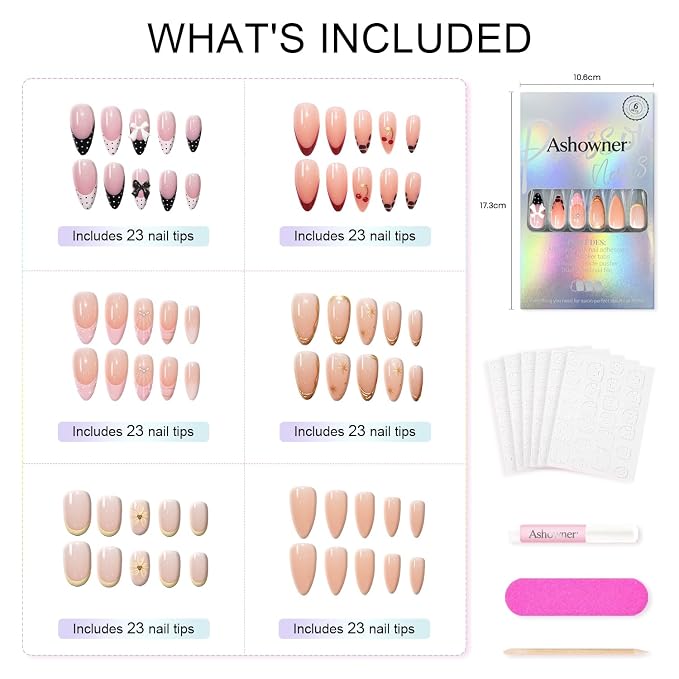 Press on Nails, 6 Packs (144 Pcs) Short Almond French Sets, 3D Floral | 6-Style 12 Sizes, Glossy, Salon Quality, Reusable Full Cover, Cute Cherry Polka Dot Fake Nails