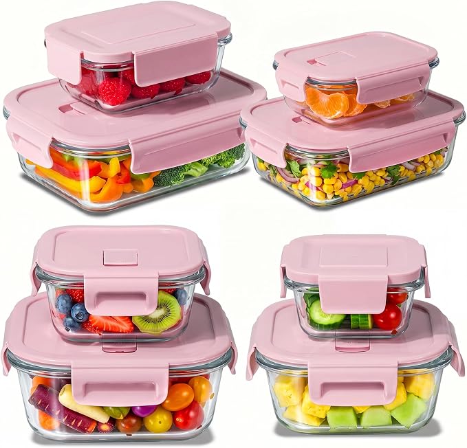 8 Pack Glass Food Storage Containers with Lids(Pink) | Meal Prep Containers with Snap Locking Lids, Airtight Lunch Containers for Microwave, Oven, Freezer and Dishwasher, BPA Free