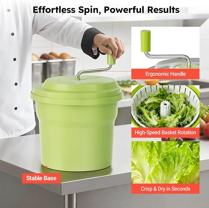 Commercial Salad Spinner, 2.5 Gallon (10QT) Heavy Duty Vegetable Dryer with Ergonomic Aluminum Handle, Sealed Gearbox, Dries Up to 3–4 Heads of Lettuce