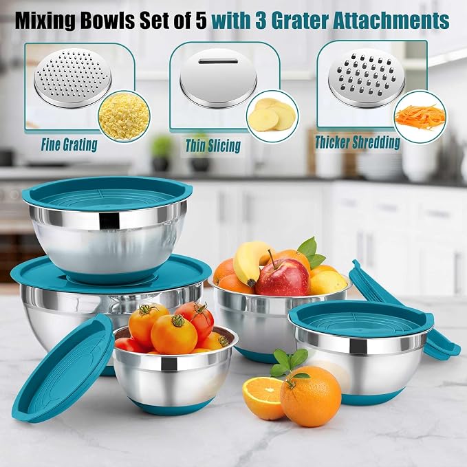 P&P CHEF Mixing Bowls with Lid Set, Nesting Bowl for Storing, Blue | 5 Piece Stainless Steel Salad Mixing Bowls for Prepping, 3 Grater Attachments & Non-Slip Bottoms, Size 1/1.5/2 / 2.6/4.6 QT