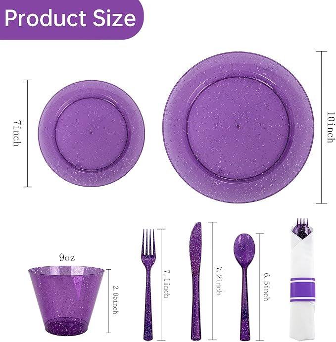 DaYammi 350 Pieces Purple Glitter Dinnerware Set 50 Guest for Party- 50 Dinner Plates, 50 Dessert Plates -50 Per Rolled Napkins with Purple Cutlery - 50 Disposable Cups 9 OZ
