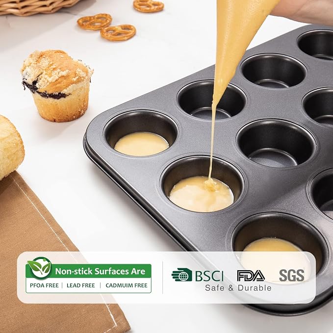 Nonstick Muffin Pan 12 Cup and Mini Loaf Pans 8 Cavity, Cupcake Tin for Baking and Small Banana Bread Tray - Grey