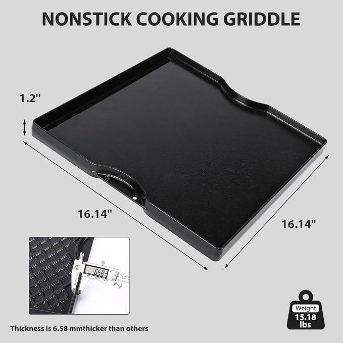 Utheer Reversible Cast Iron Griddle, Ceramic Nonstick Grill Pan for BBQ | 15.18 lb cast iron body with grease trap and raised edges, PFOA-free ceramic coating simplifies cleanup.